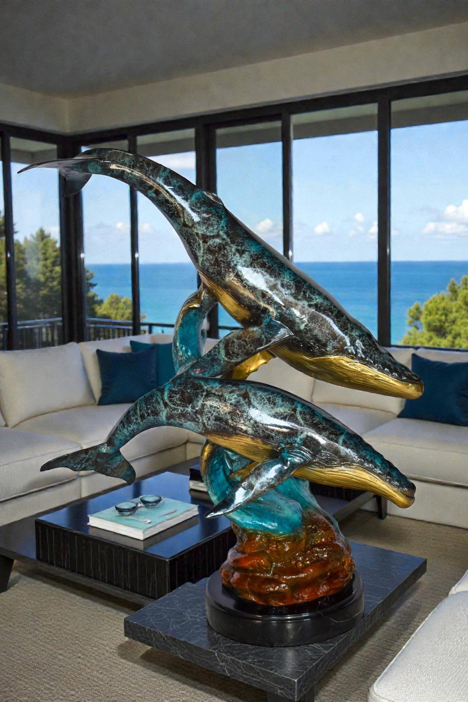 Pair of Humpback Whales Swimming in The Ocean Bronze Statue 20" x 10" x 25"H - 2