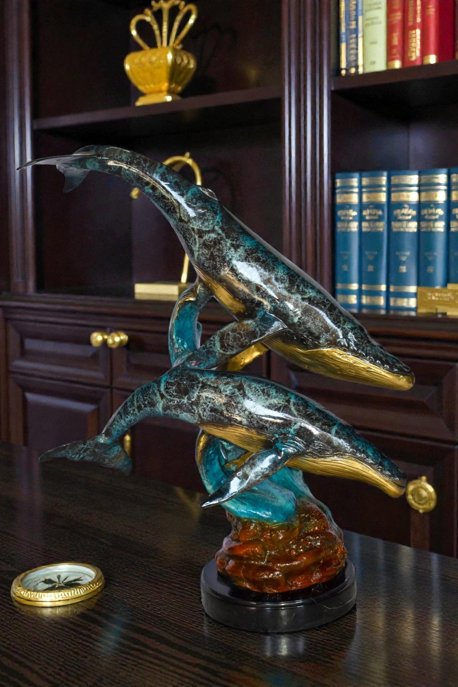 Pair of Humpback Whales Swimming in The Ocean Bronze Statue 20" x 10" x 25"H - 3