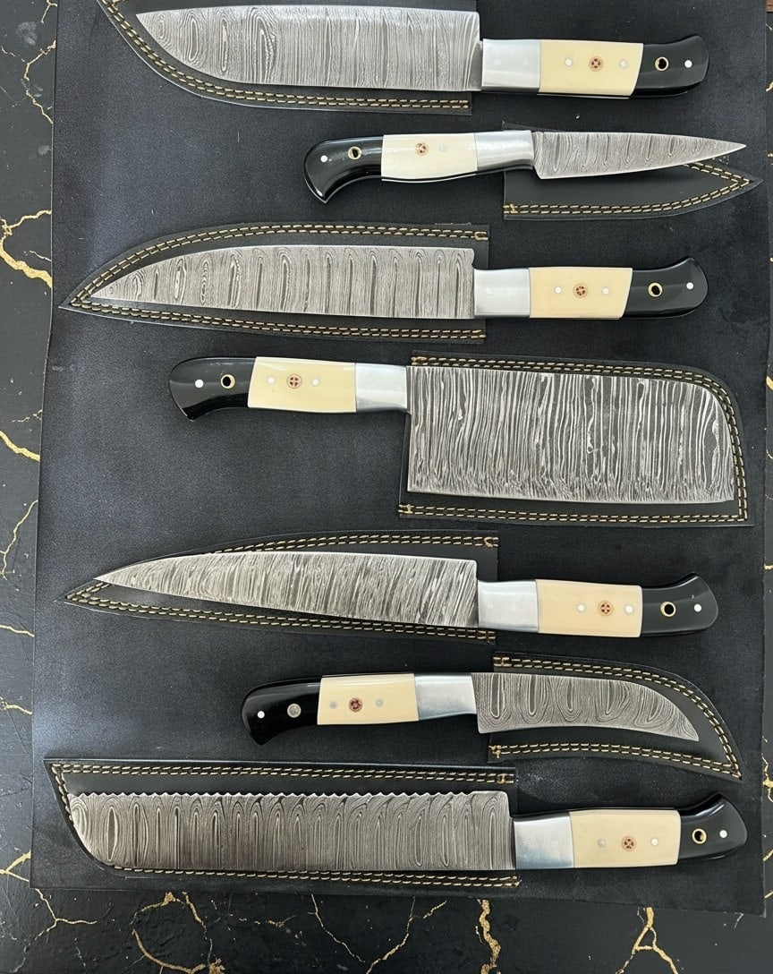 7pc Damascus Kitchen Knife Set Handmade Bone Handle w/ Leather Roll Case - 2