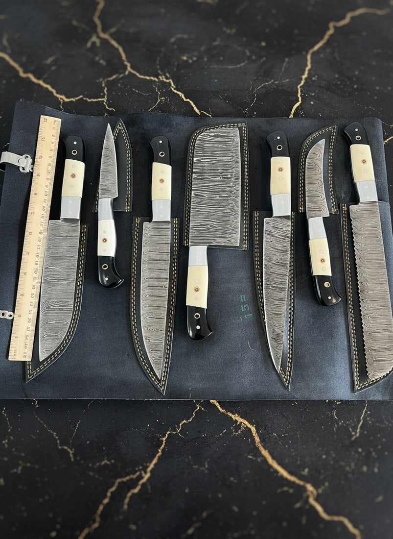 7pc Damascus Kitchen Knife Set Handmade Bone Handle w/ Leather Roll Case - 4