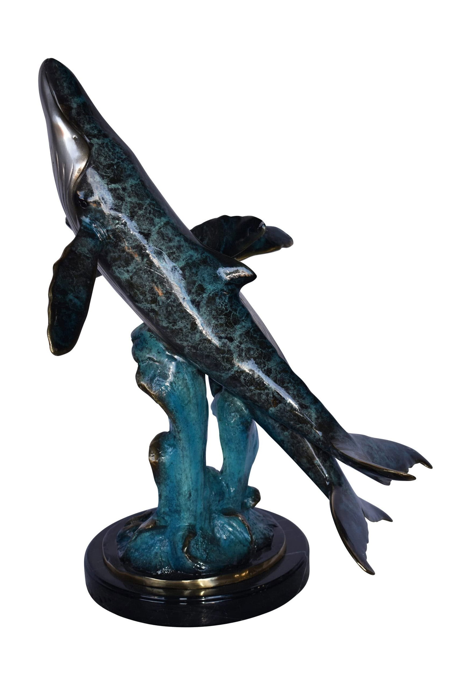 Pair of Blue Whales Swimming in The Ocean Bronze Statue Size: 21" x 20" x 27"H.: Title:Pair of Blue Whales Swimming in The Ocean Bronze Statue Size: 21" x 20" x 27"H. Description:No lover of timeless sea lore and the mysteries of the deep sea can resist this incredibly detailed
