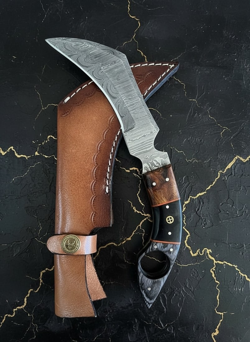 Hand-Forged Damascus Steel Karambit Knife, Micarta Grip, Leather Sheath: Title:Hand-Forged Damascus Steel Karambit Knife, Micarta Grip, Leather Sheath Description:This handcrafted knife features a durable construction and comes with a matching cowhide leather sheath. Each