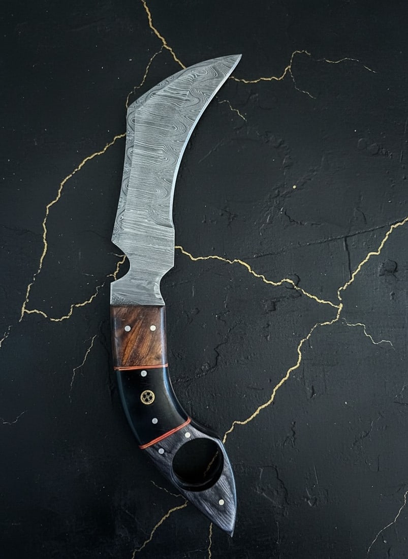 Hand-Forged Damascus Steel Karambit Knife, Micarta Grip, Leather Sheath - 7