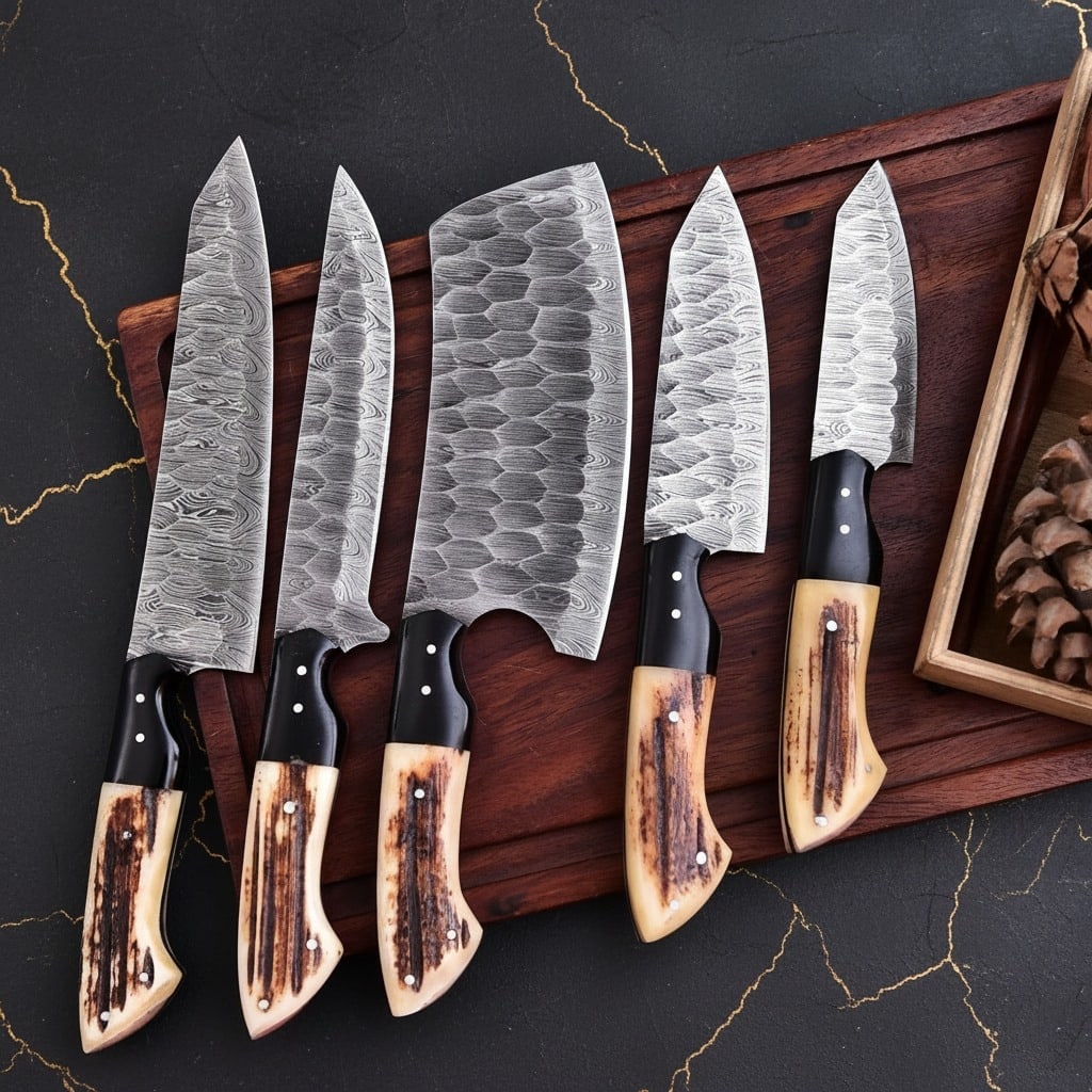 Artisan Damascus Steel Chef Knife Set, Genuine Stag Horn Handle Kitchen Gear - 3