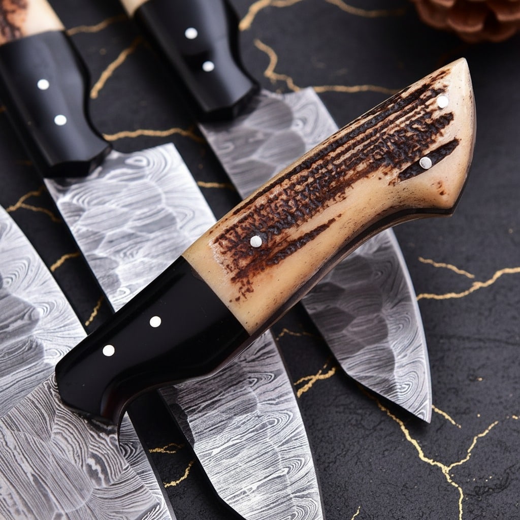 Artisan Damascus Steel Chef Knife Set, Genuine Stag Horn Handle Kitchen Gear - 4