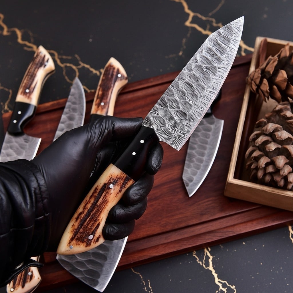 Artisan Damascus Steel Chef Knife Set, Genuine Stag Horn Handle Kitchen Gear - 5