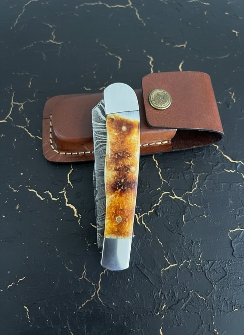 Handmade Damascus Steel Folding Trapper Knife Burnt Bone Handle w/ Sheath - 2