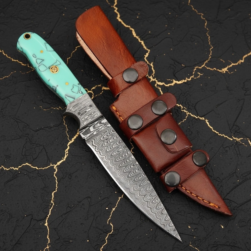 Handcrafted Damascus Steel Fixed Blade Knife Resin Handle Leather Sheath - 2