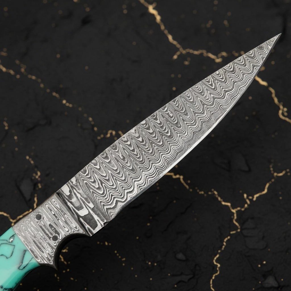 Handcrafted Damascus Steel Fixed Blade Knife Resin Handle Leather Sheath - 5