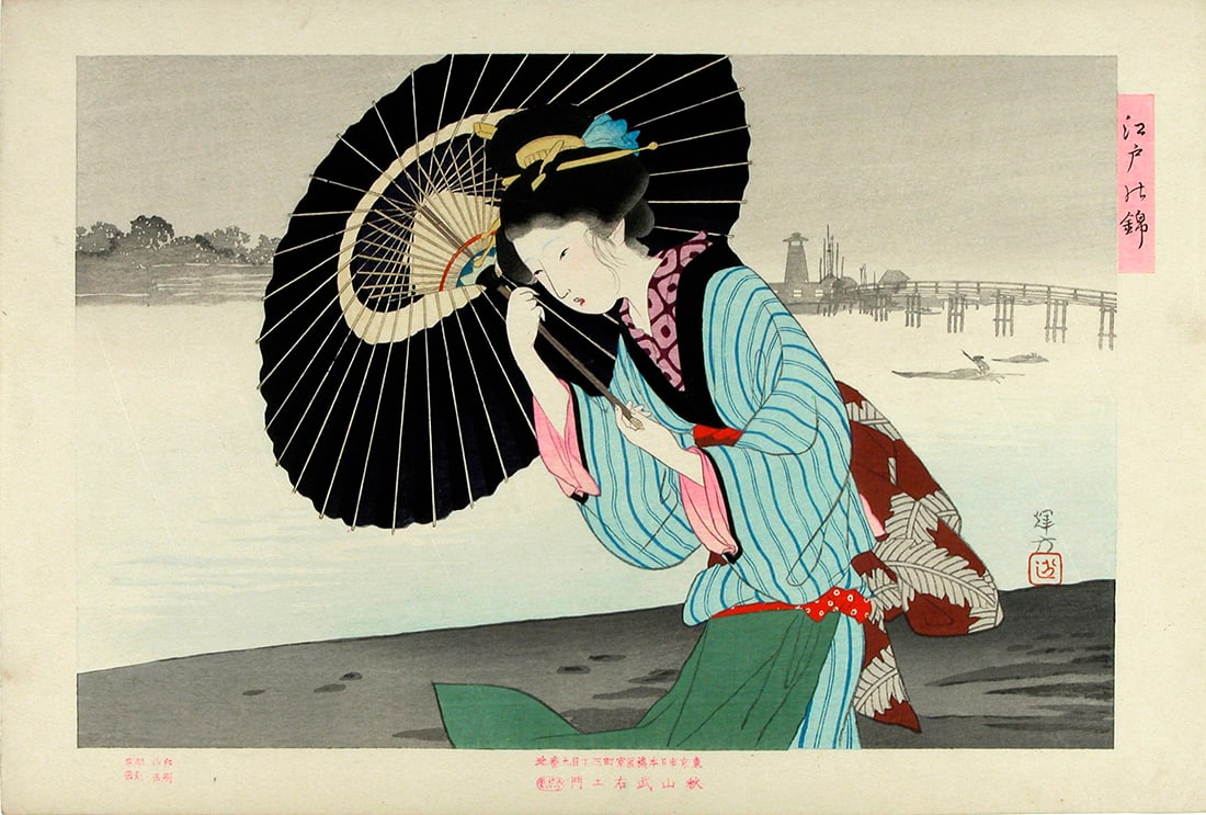 Gyokudo TERUKATA (1883-1921): Young woman with umbrella on a windy day: Artist: Gyokudo TERUKATA (1883-1921) Title:Young woman with umbrella on a windy day Series: Beautiful young women from Edo in color prints (in MINT condition) Publisher:Akiyama Buemon Date:c. 1910