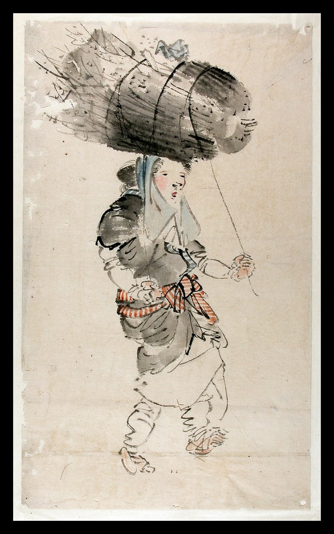 Anonymous shijo-style artist: Girl from Ohara carrying brushwood.: Artist: Anonymous shijo-style artist Title:Girl from Ohara carrying brushwood. Series: Preparatory drawing. Publisher: Date:c. first half of the 19th century Medium:Drawing in black ink and color on
