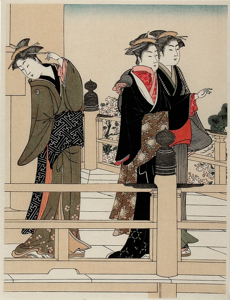 attr. to KIYONAGA, Torii (1552-1815): Three women on a verandah: Artist: attr. to KIYONAGA, Torii (1552-1815) Title:Three women on a verandah Date:c. 1790s (the original edition; this impression made from recut blocks in the 20th century) Medium:Woodblock print