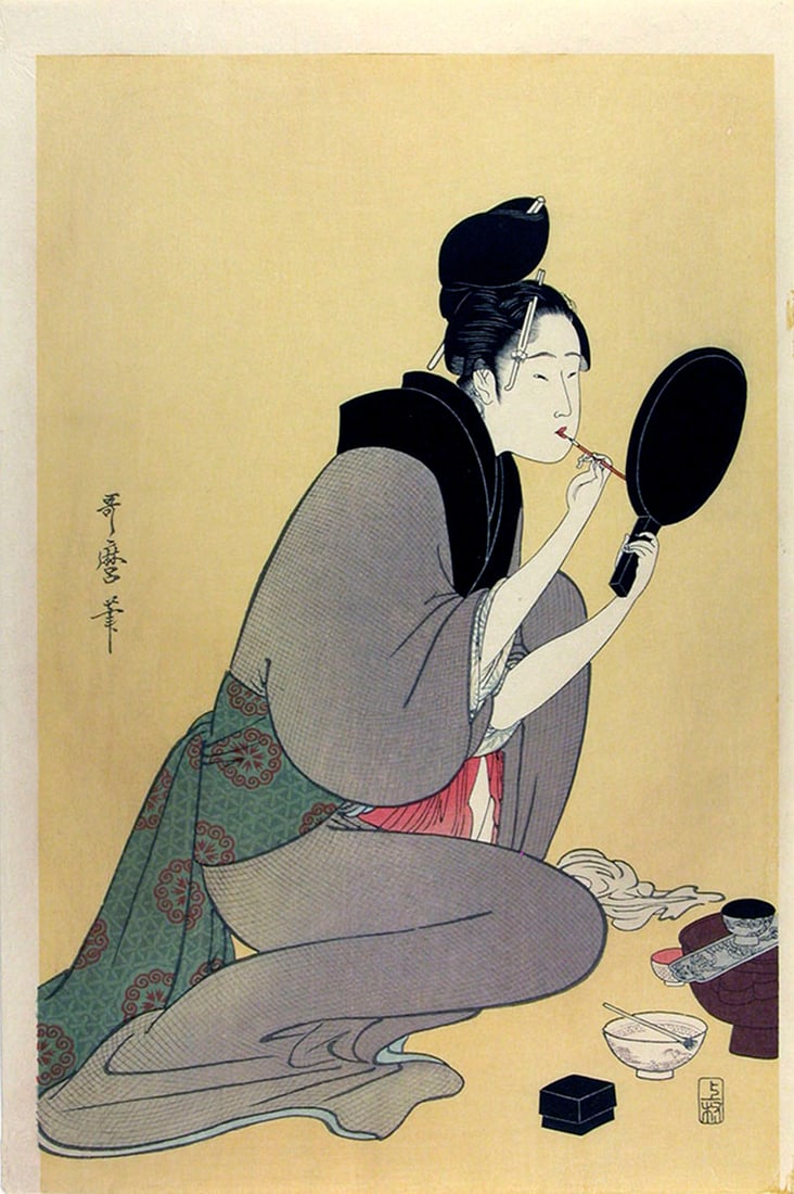 UTAMARO, Kitagawa (1750-1806): Painting the lips: Artist: UTAMARO, Kitagawa (1750-1806) Title:Painting the lips Date:c. 1790s (the original edition; this impression made from recut blocks in the 20th century) Medium:woodblock print Size/Format:oban