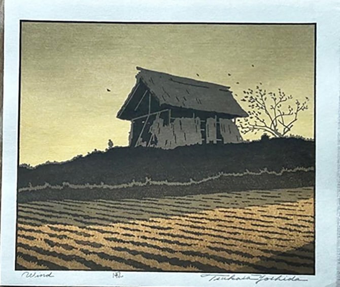 Tsukasa Yoshida( B. - 1949): Wind: Artist/Title: Tsukasa Yoshida( B. - 1949): Wind Medium:Woodblock Print Size:The print image measures 8 3/8 X 9 7/8 inches plus margins Condition:The print is in excellent, never framed condition. It