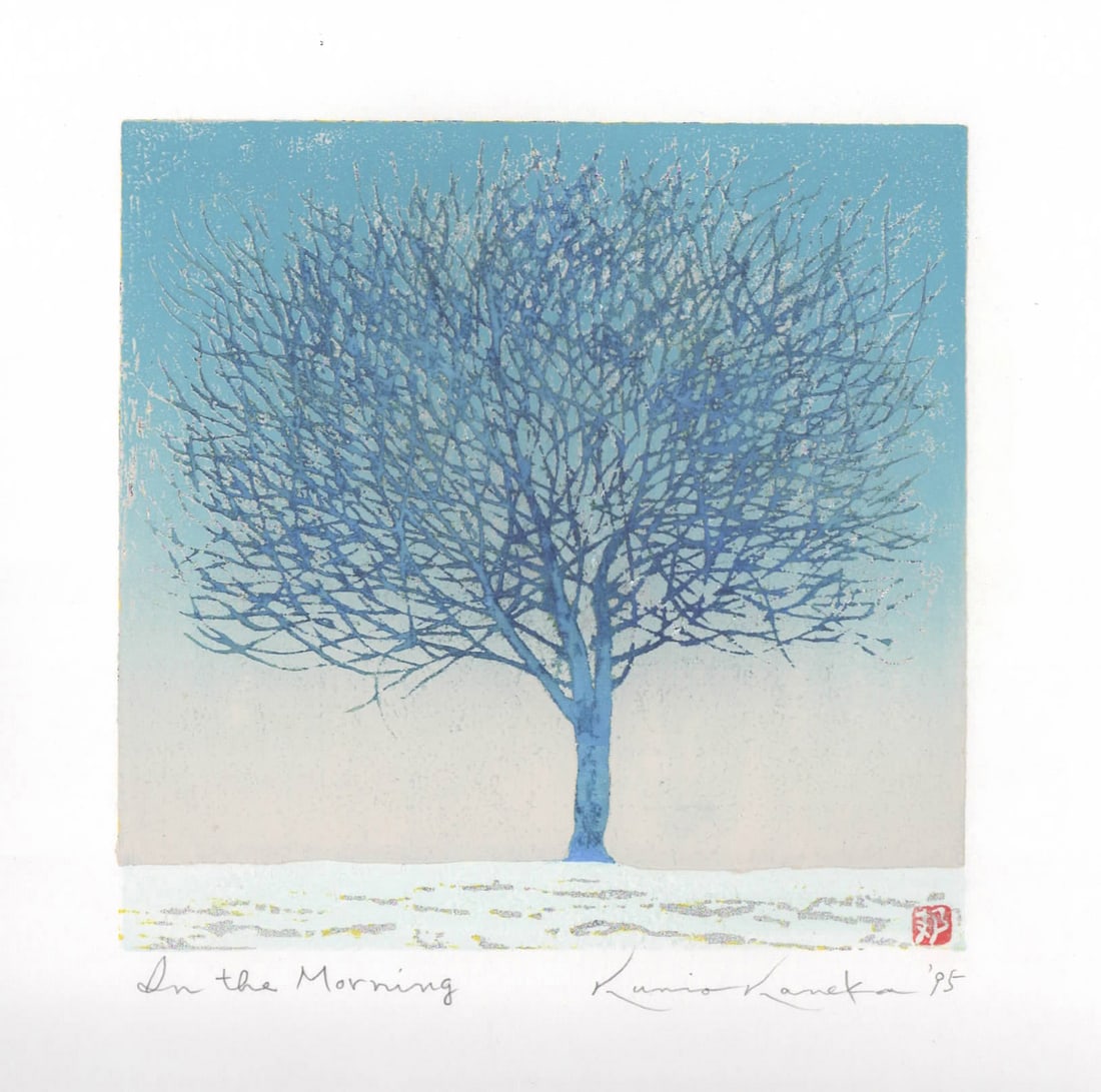 Kunio Kaneko (B. - 1949): In The Morning: Artist/Title: Kunio Kaneko (B. - 1949): In The Morning Date: 1995 Medium:Woodblock Print Size:The print image measures 6 1/8 X 6 1/4 inches plus margins Condition:The print is in excellent, never fram