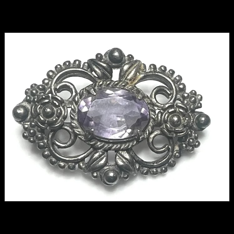 Vintage Silver Amethyst Ornate Floral Filigree Brooch - 2