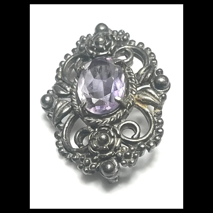 Vintage Silver Amethyst Ornate Floral Filigree Brooch - 3