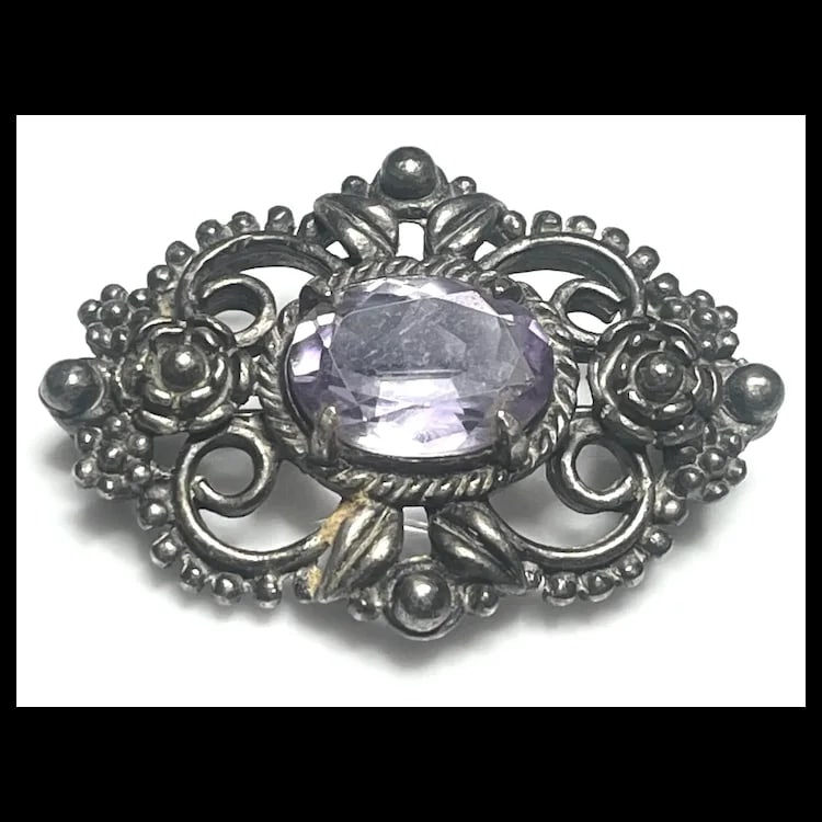 Vintage Silver Amethyst Ornate Floral Filigree Brooch - 4