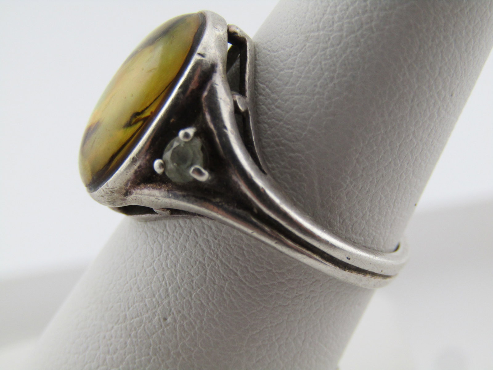 Vintage Sterling Abalone Like & White Topaz Ring, Sz. 7.25, 1970's-1980's, Signed: Vintage Sterling Abalone Like & White Topaz Ring, Sz. 7.25, 1970's-1980's, Signed A and marked .925 and tests as sterling with an appx. weight of 4.33 grams. The main stone looks like abalone but coul