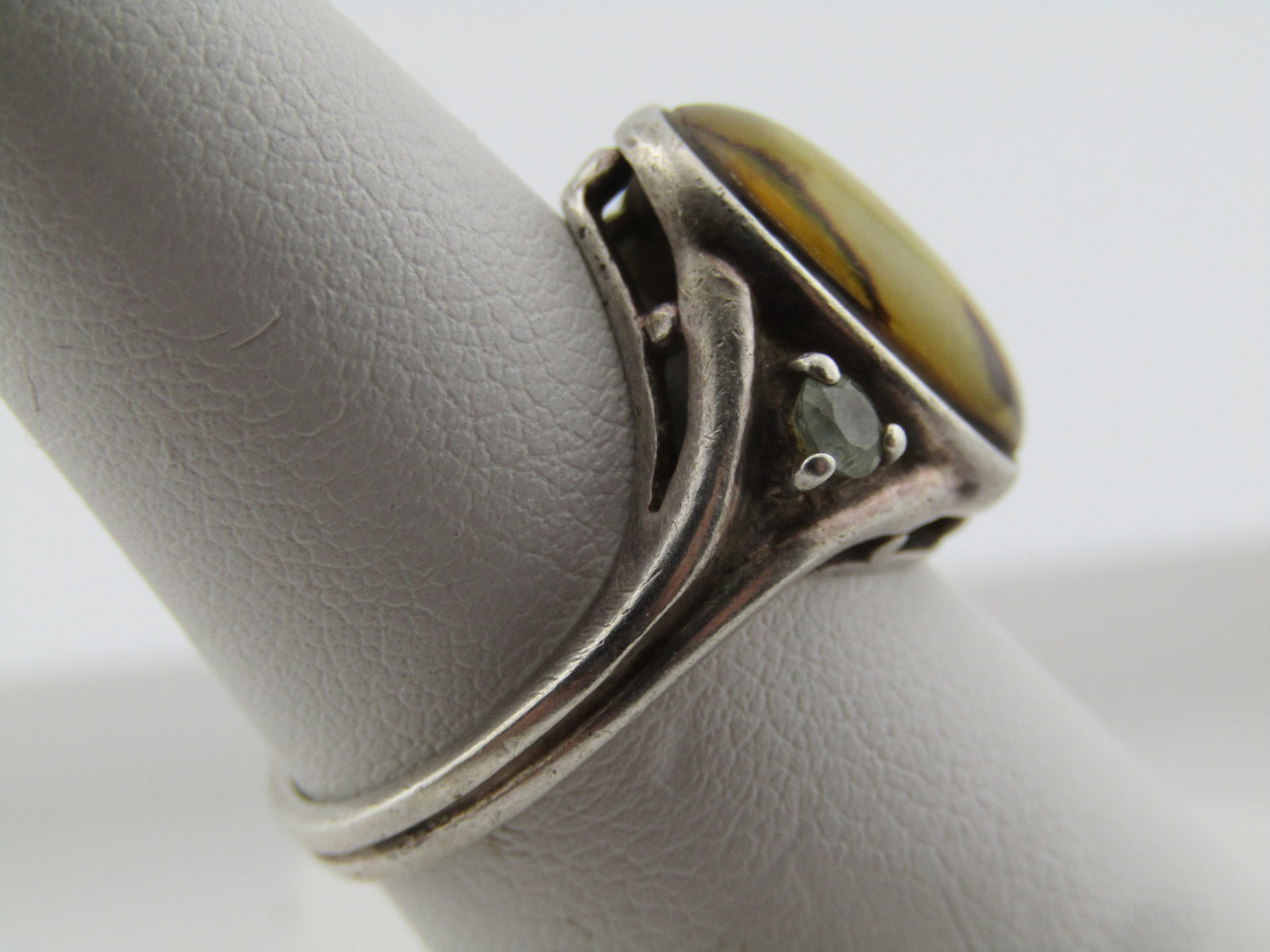 Vintage Sterling Abalone Like & White Topaz Ring, Sz. 7.25, 1970's-1980's, Signed - 2