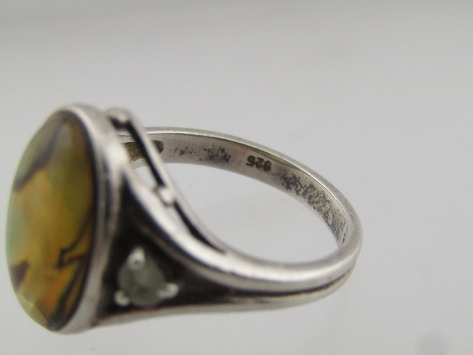 Vintage Sterling Abalone Like & White Topaz Ring, Sz. 7.25, 1970's-1980's, Signed - 5