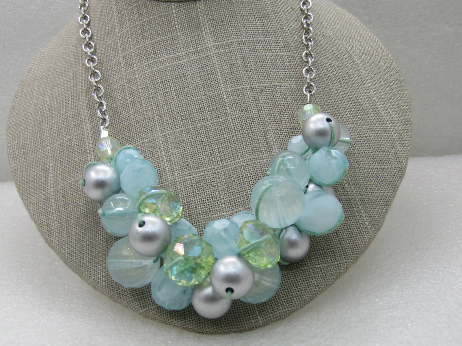 Vintage Baby Blue & Green Necklace, Cluster Beaded, 18" plus 3" Extender - 2