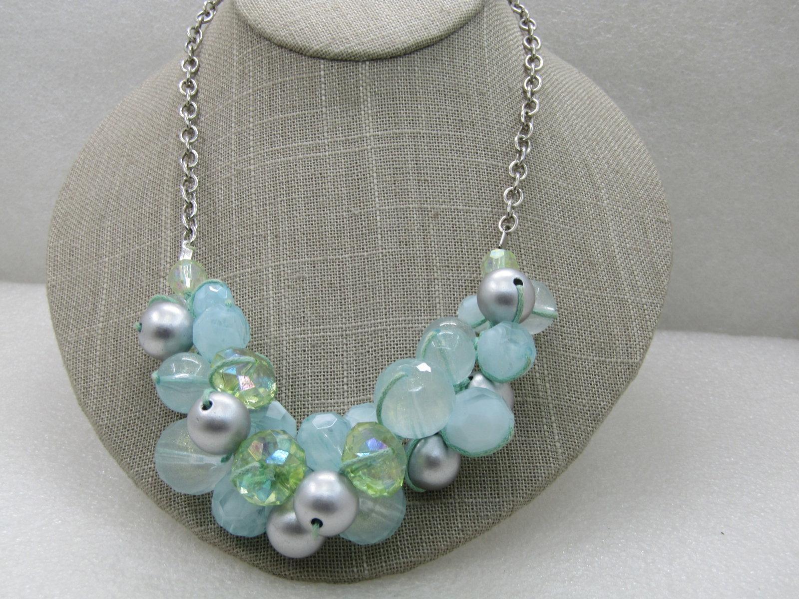 Vintage Baby Blue & Green Necklace, Cluster Beaded, 18" plus 3" Extender - 3