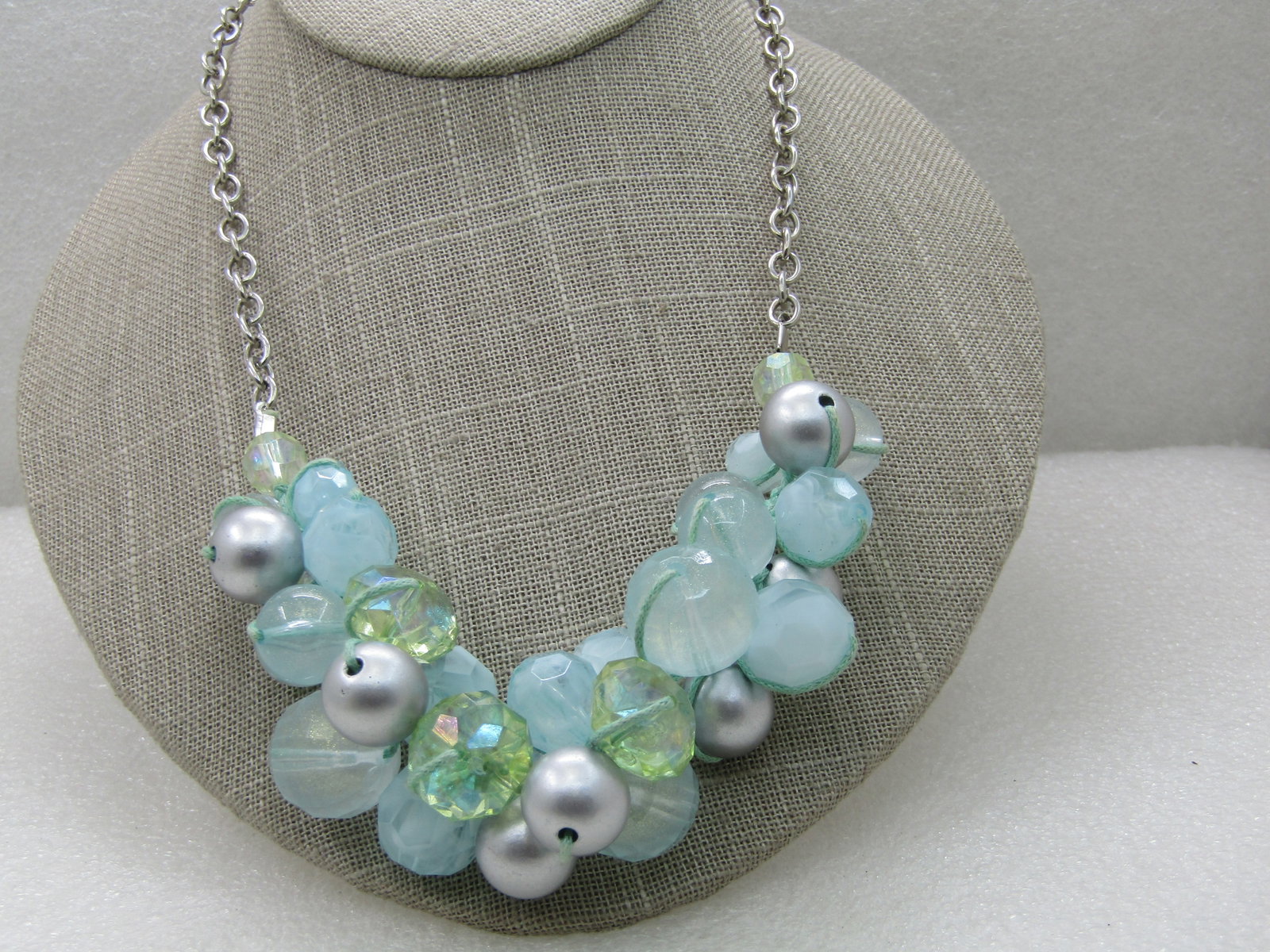 Vintage Baby Blue & Green Necklace, Cluster Beaded, 18" plus 3" Extender - 4