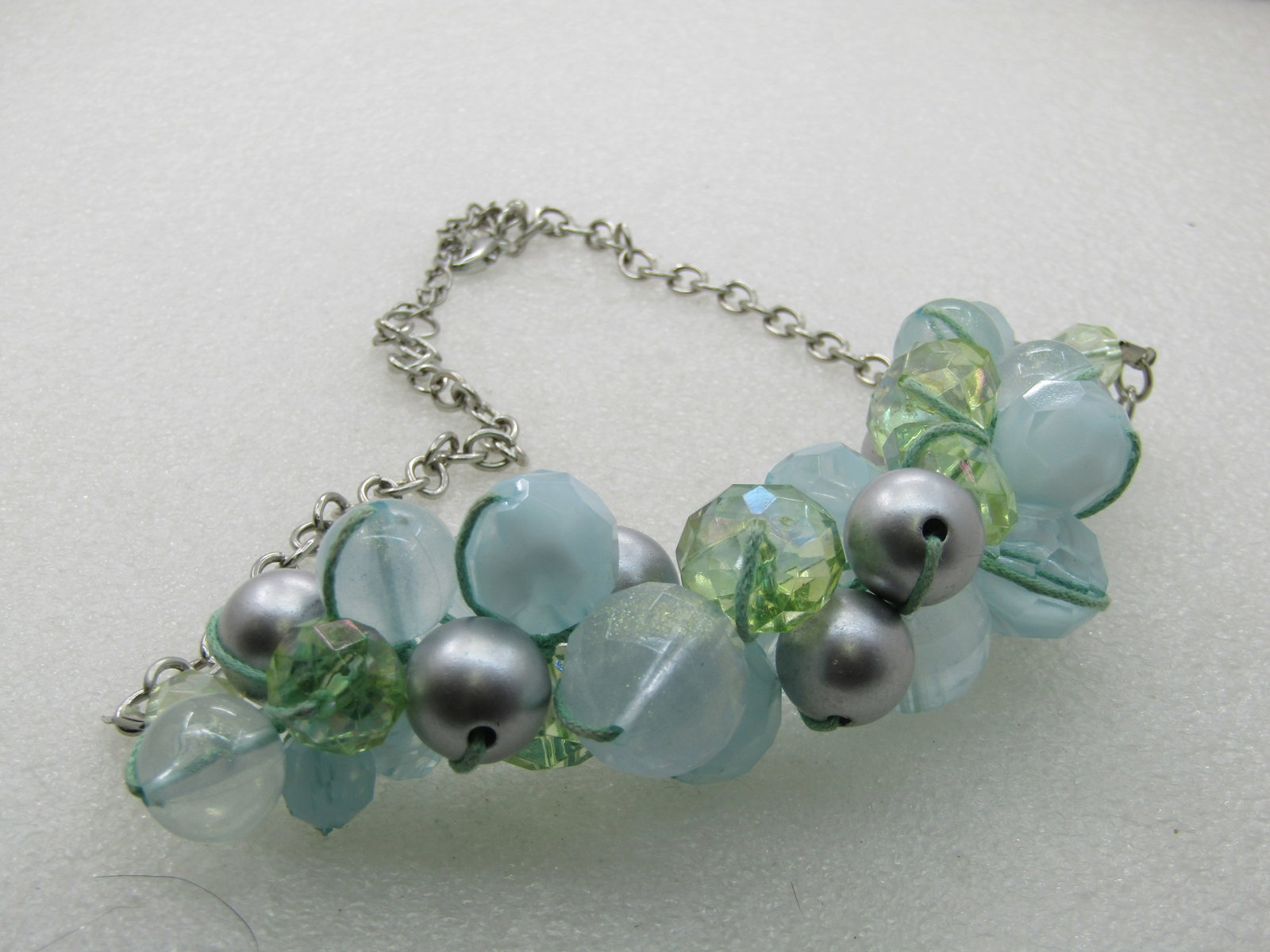 Vintage Baby Blue & Green Necklace, Cluster Beaded, 18" plus 3" Extender - 6