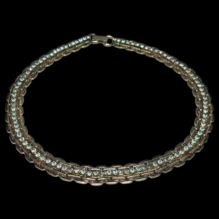 Vintage Heavy Chain and Blue Rhinestone Statement Necklace (1 of 6)