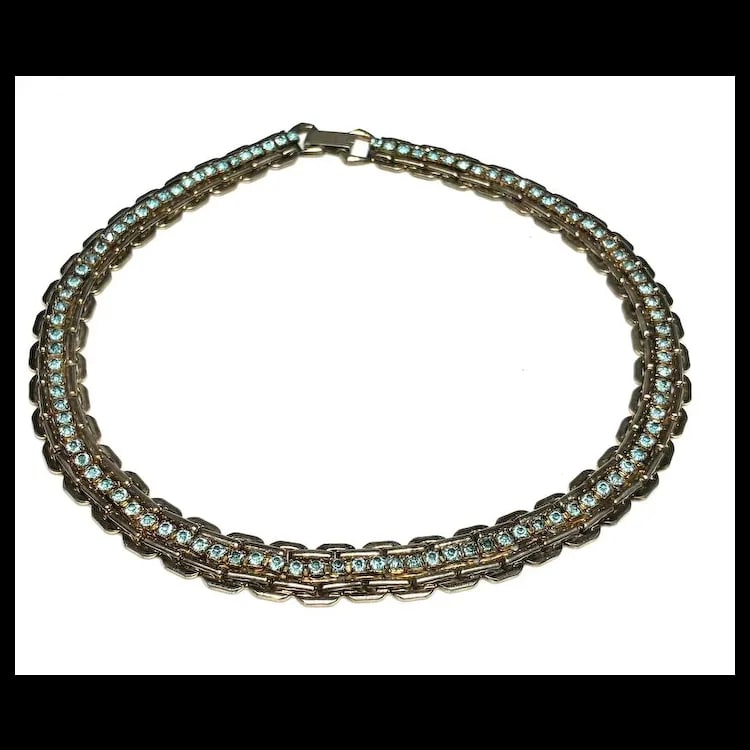Vintage Heavy Chain and Blue Rhinestone Statement Necklace - 2