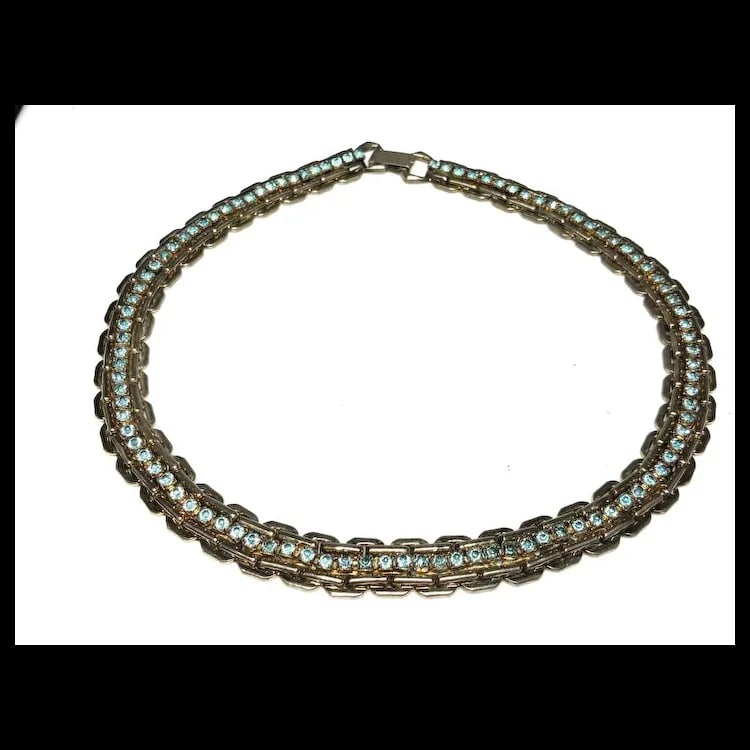 Vintage Heavy Chain and Blue Rhinestone Statement Necklace - 3