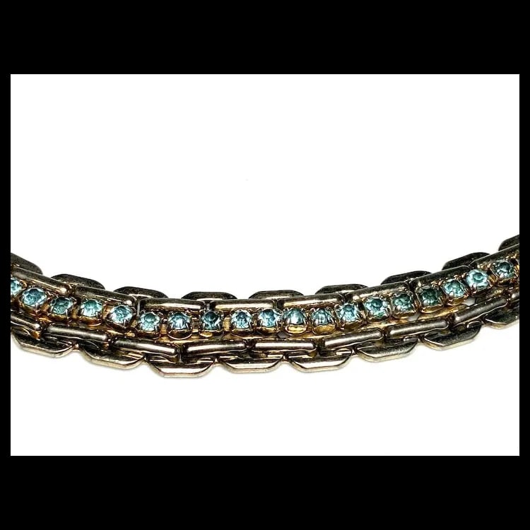 Vintage Heavy Chain and Blue Rhinestone Statement Necklace - 4
