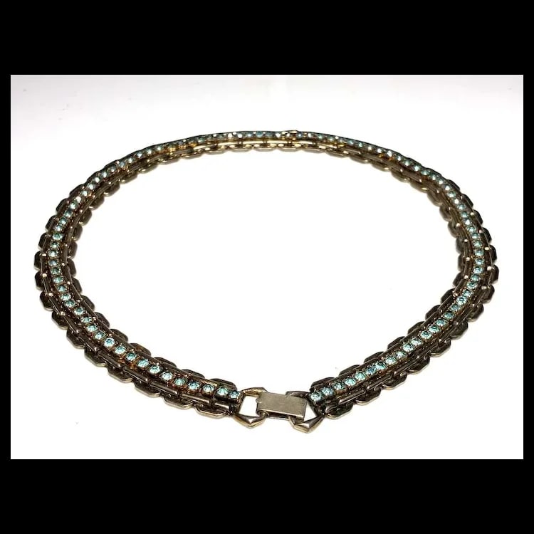 Vintage Heavy Chain and Blue Rhinestone Statement Necklace - 5