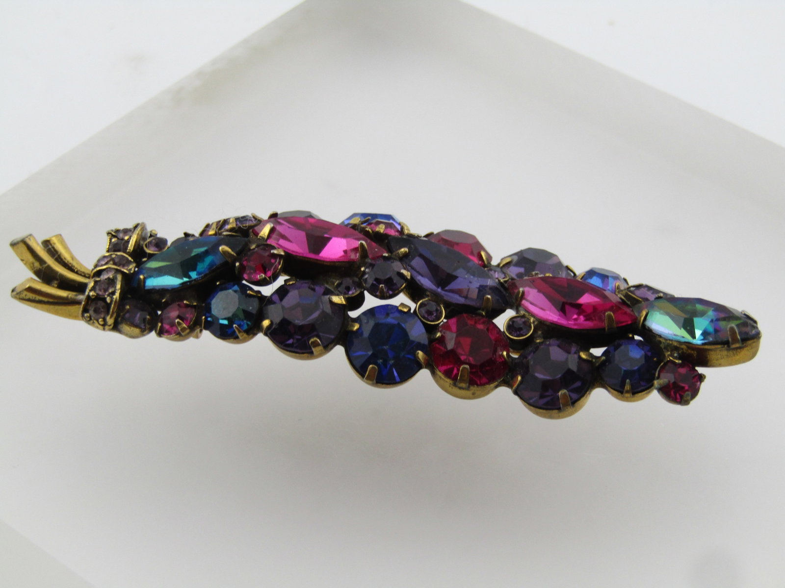Vintage Rhinestone Stem Brooch, Mixed Gemtones, WEISS, Mid-Century - 2