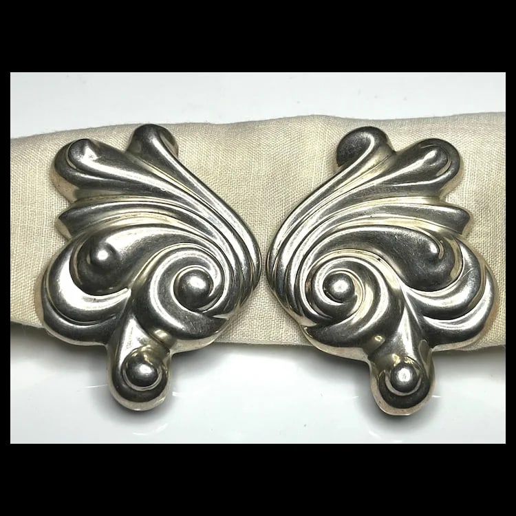 Vintage BILL HOLMAN Oversized Modernist Style Sterling Silver Swirl Clip-On Earrings - 2