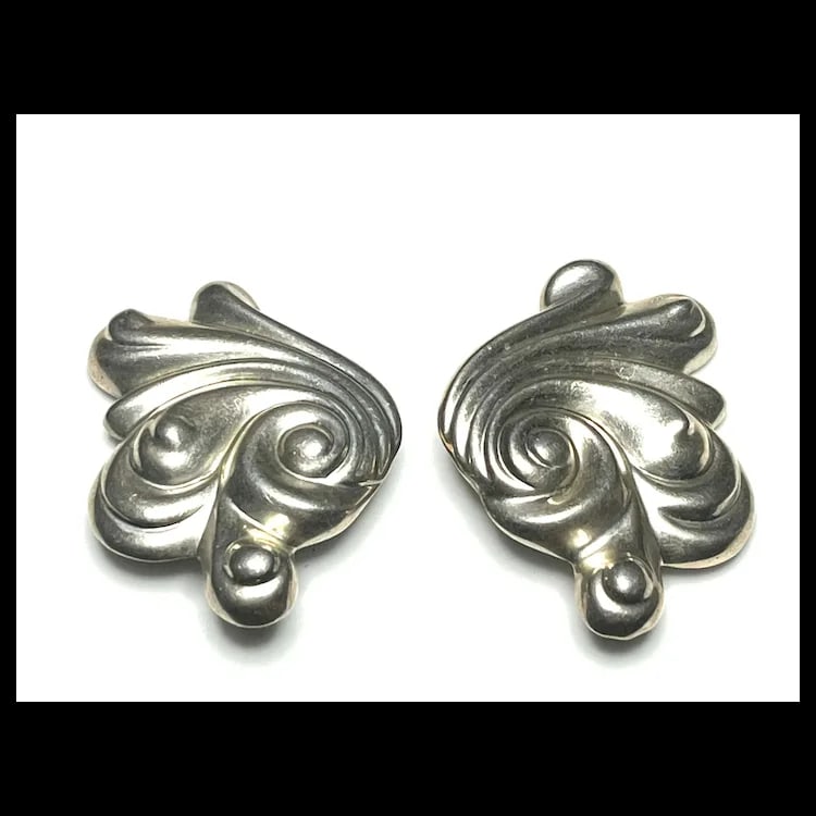 Vintage BILL HOLMAN Oversized Modernist Style Sterling Silver Swirl Clip-On Earrings - 3