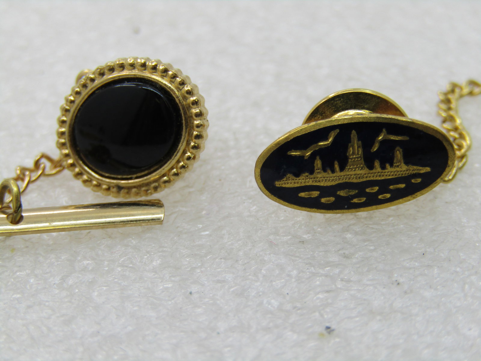 Vintage 2 Tie tacks, Black Enameled NY Skyline & Framed, 1960's - 2