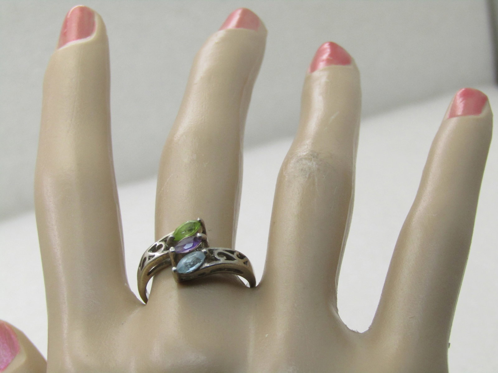 Vintage Sterling Topaz, Amethyst, Peridot Ring, Marquise, Sz. 8.5 - 6