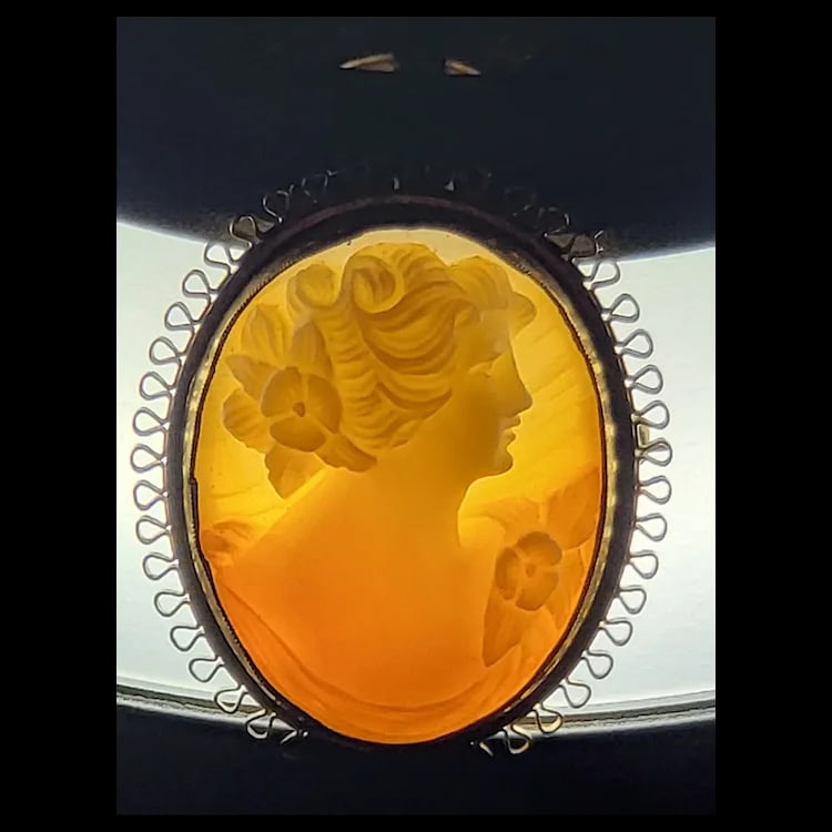 Vintage Gold 12k Handcarved Shell Cameo Pendant/Brooch Lace Detail - 6