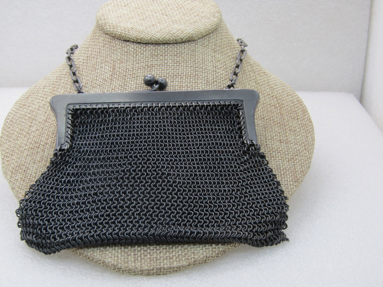 Vintage French Gunmetal Mesh Purse, 4.5" by 4.25" with Metal Chain Strap - 2