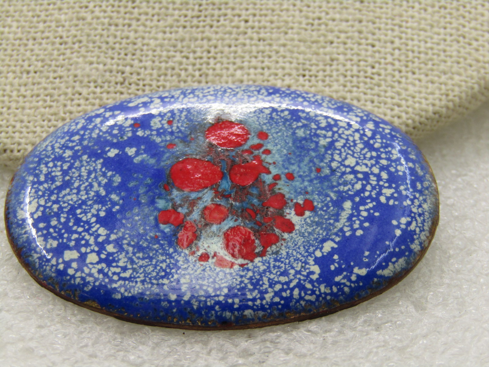 Vintage Enameled Over Copper Brooch, Red, White, Blue, 2" - 3