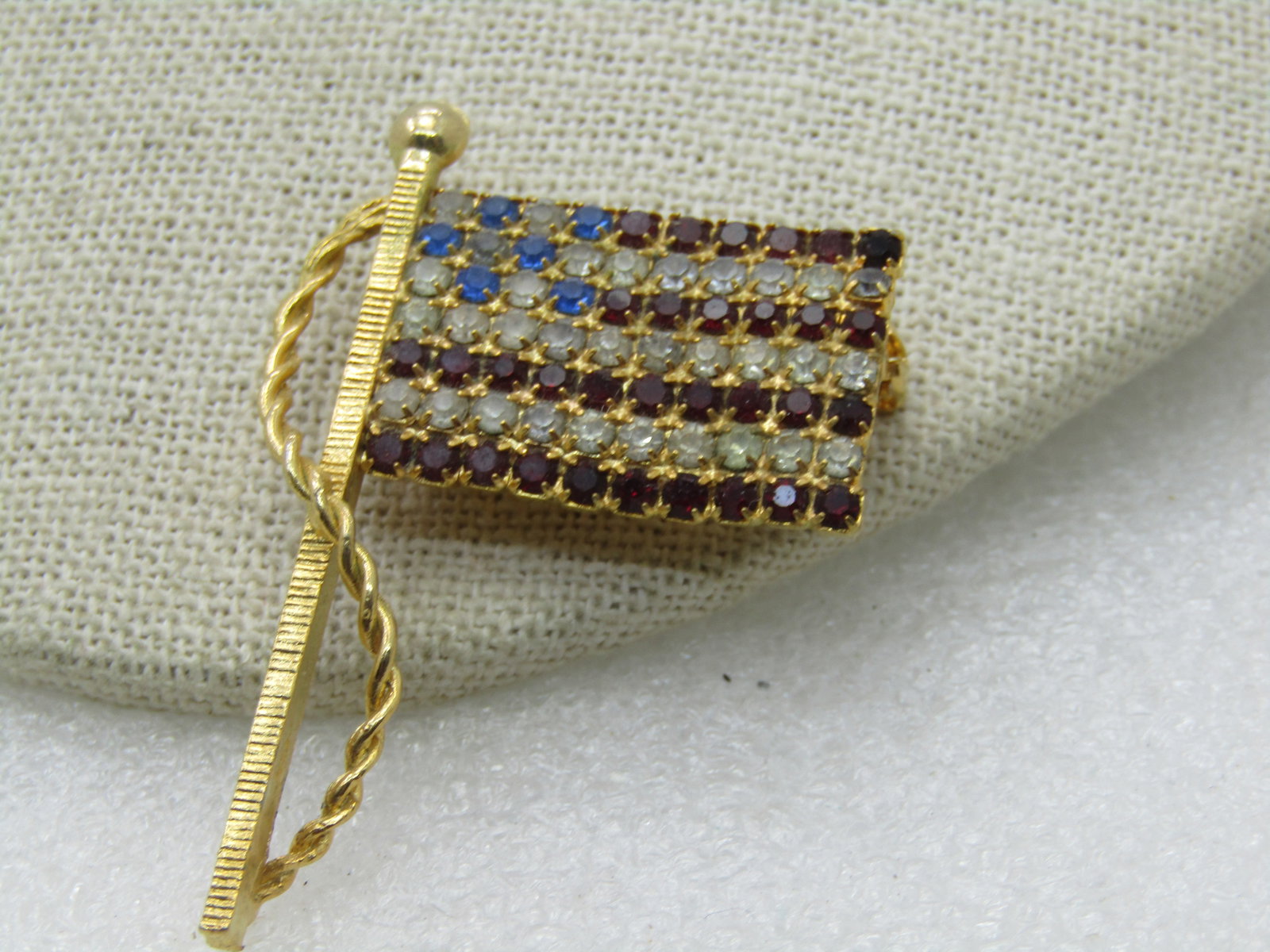 Vintage Blue & Clear Rhinestone USA Flag, Gold Tone, 2" by 1.5" - 2