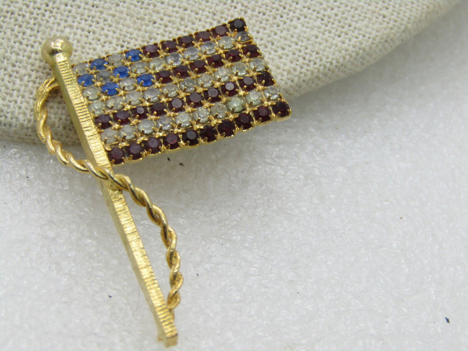 Vintage Blue & Clear Rhinestone USA Flag, Gold Tone, 2" by 1.5" - 3