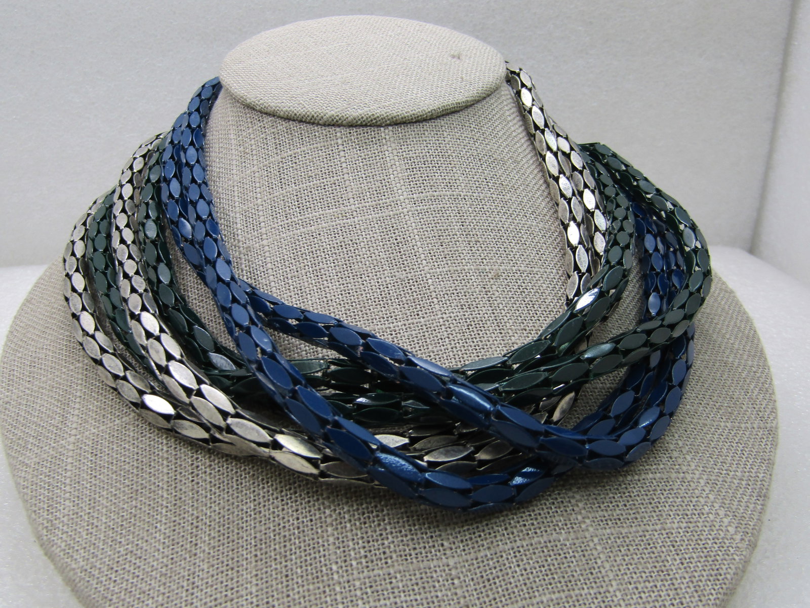 Vintage 6 Strand Blue & Green Enameled & Silver Tone Necklace, 29", - 2