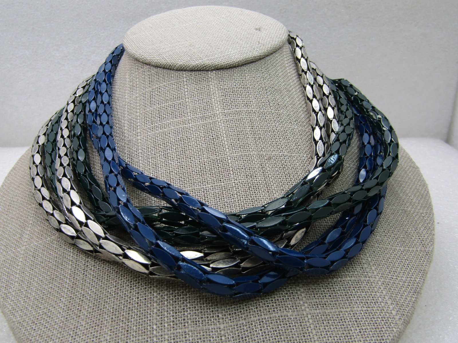 Vintage 6 Strand Blue & Green Enameled & Silver Tone Necklace, 29", - 4