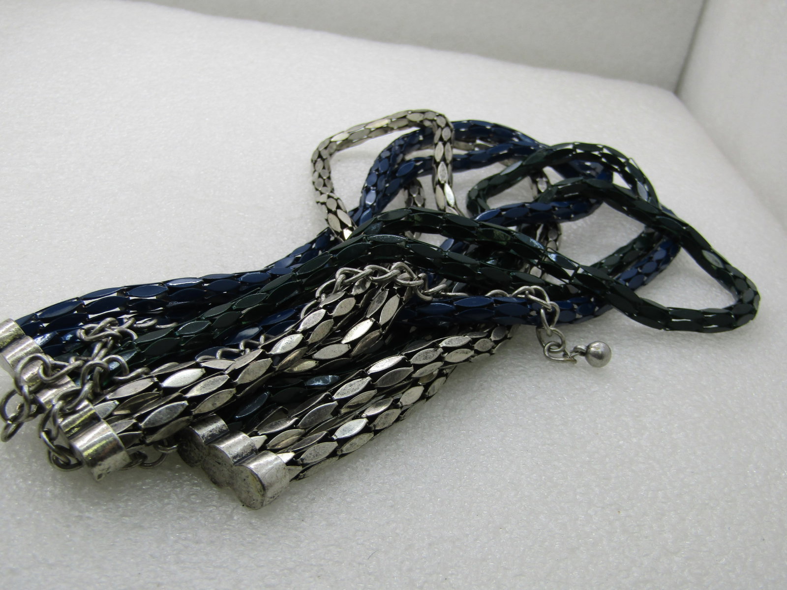 Vintage 6 Strand Blue & Green Enameled & Silver Tone Necklace, 29", - 6