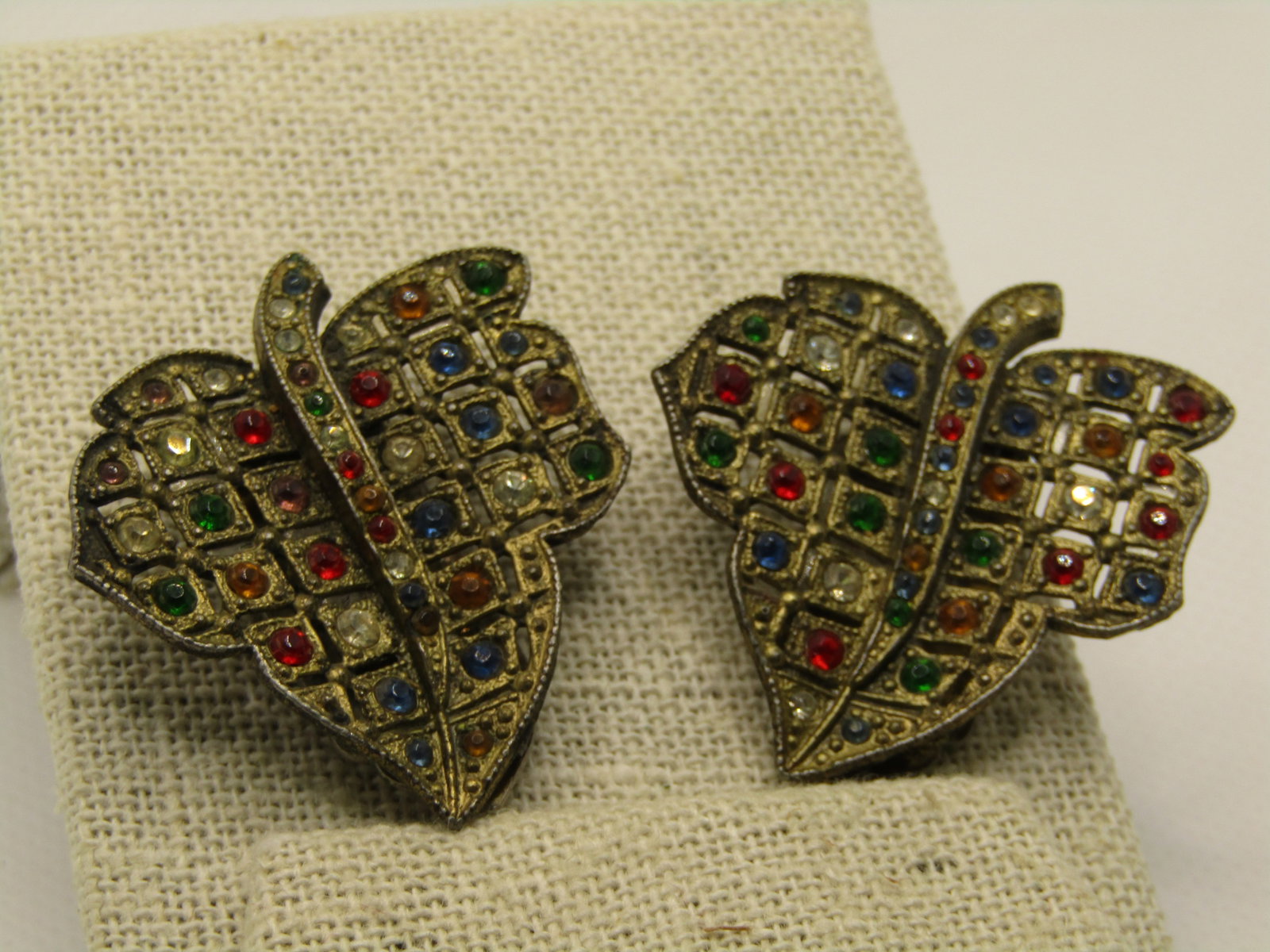 Vintage Pair Rhinestone Leaf Dress Clips, early 1900's - 2