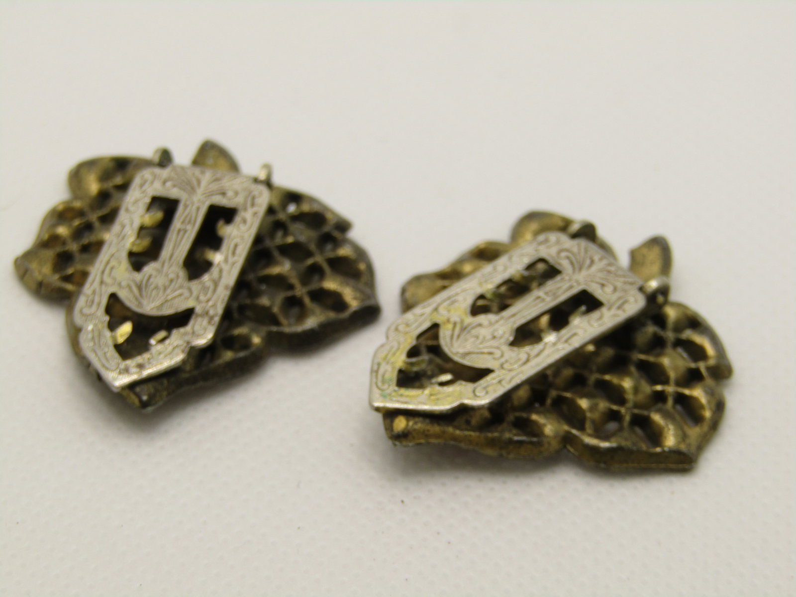 Vintage Pair Rhinestone Leaf Dress Clips, early 1900's - 5