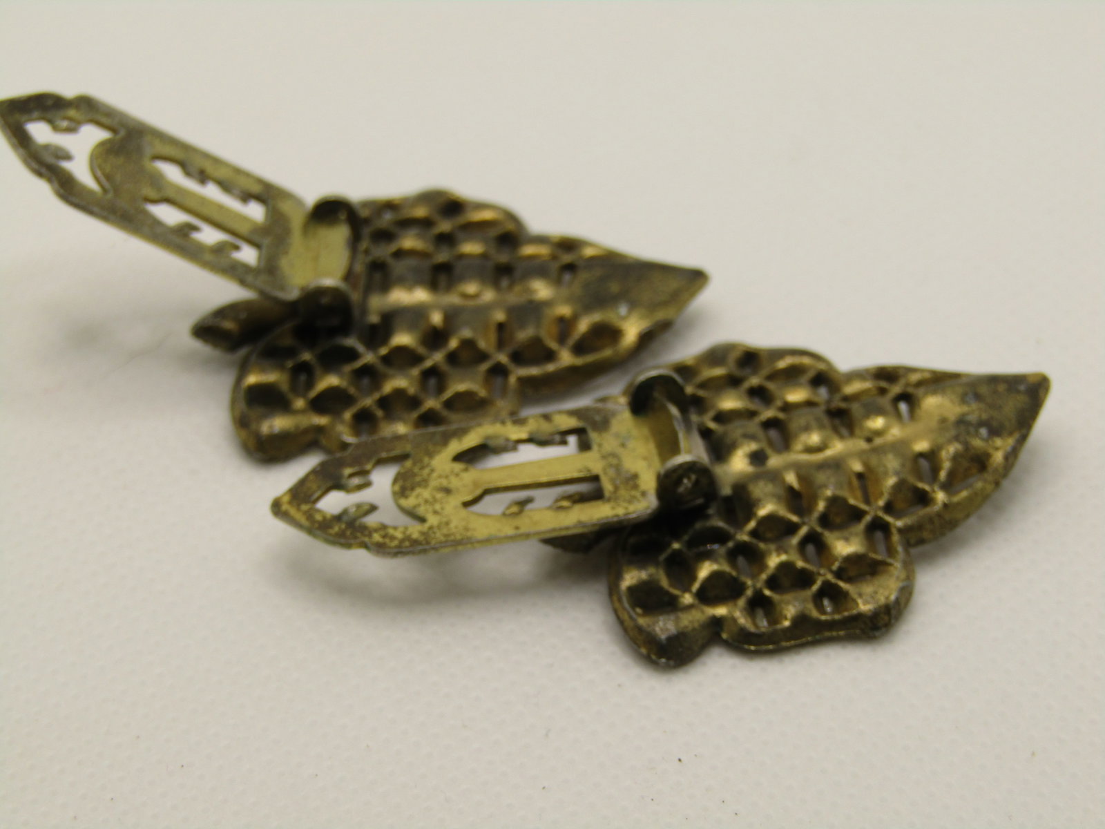 Vintage Pair Rhinestone Leaf Dress Clips, early 1900's - 6